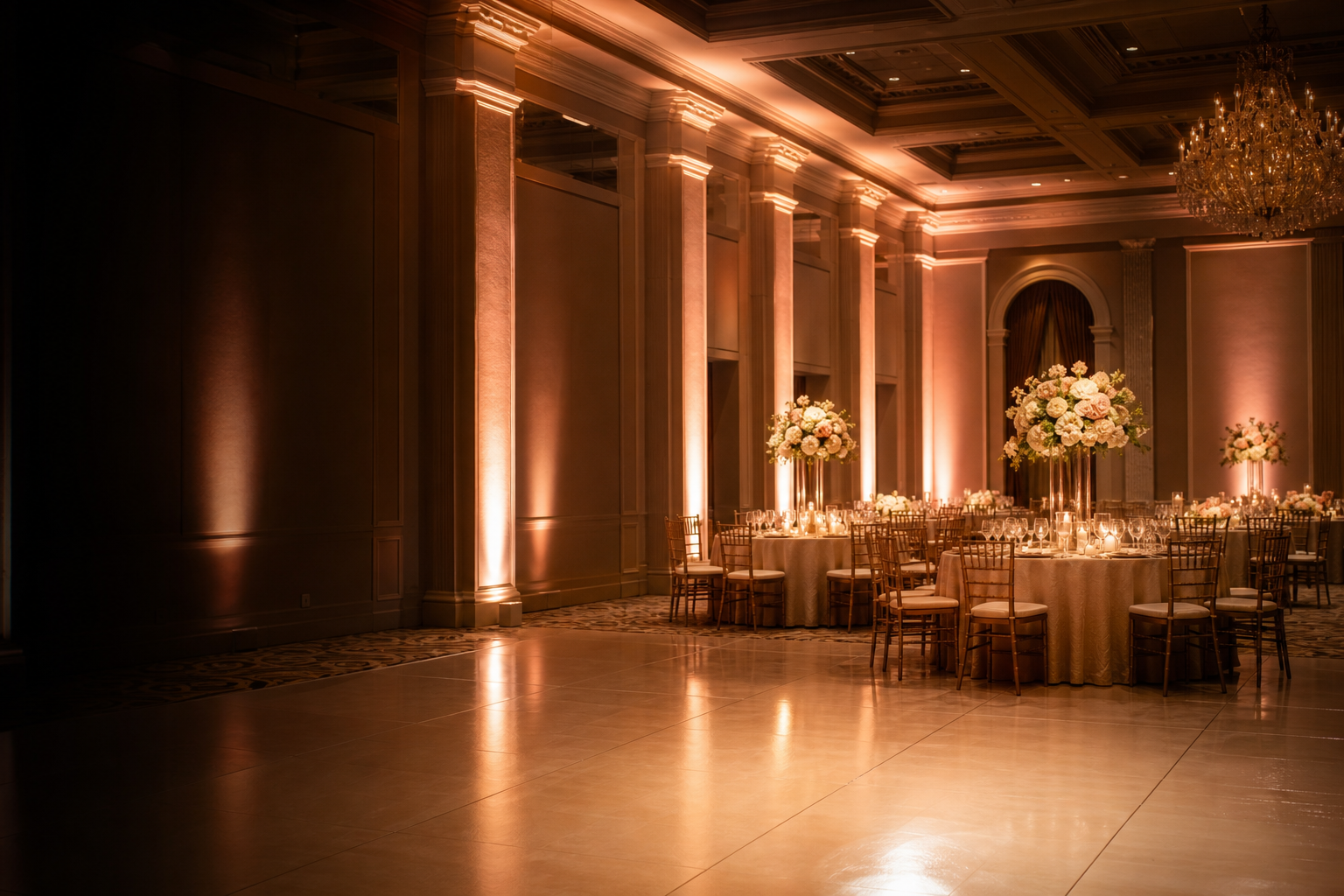 Wedding reception hall enhanced with warm amber uplighting